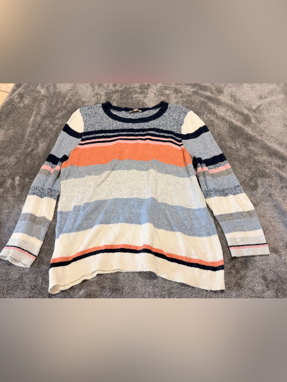 LOFT Striped Crewneck Sweater in Coral, Navy & Cream